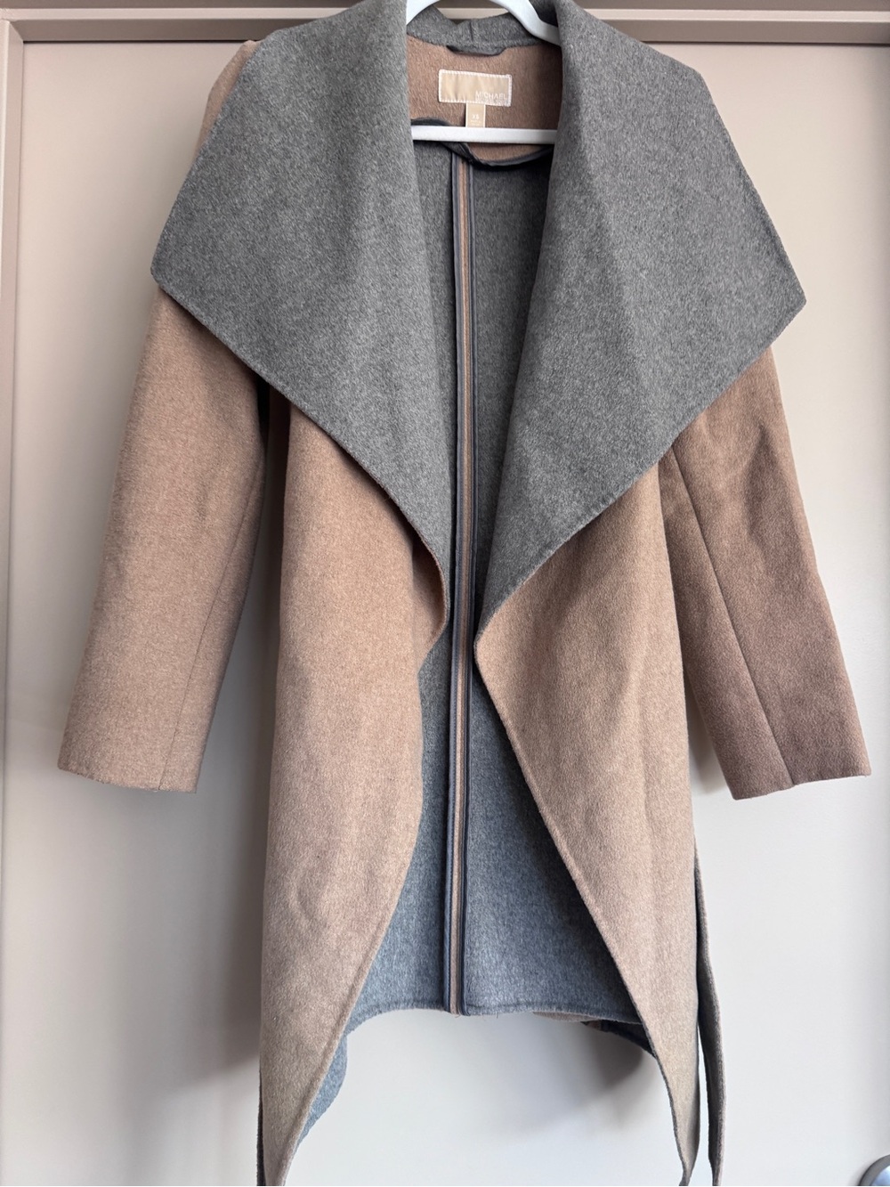 Michael Kors Wool Blend Waterfall Coat Camel Gray XS